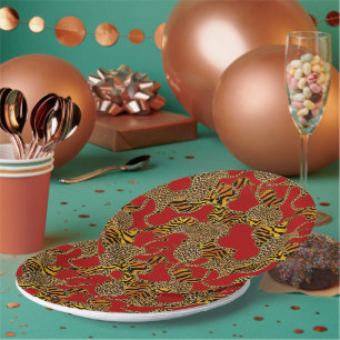 Assiettes En Carton Impression d'animal de jungle urbaine sur rouge