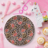 Assiettes En Carton Impression d'animaux léopard et fleurs roses (Fête)