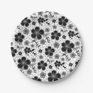 Assiettes En Carton Impression florale noire et blanche