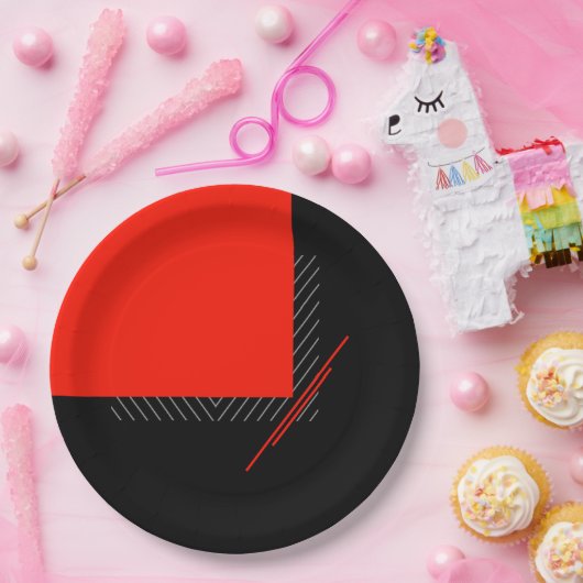 Assiettes En Carton Impression géométrique à rayures rouges, noires, n (Fête)