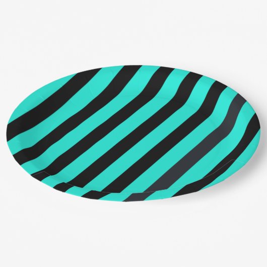 Assiettes En Carton Impression rayures turquoise et noire (Angle)