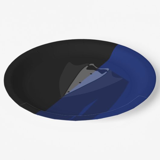 Assiettes En Carton Impression tuxedo bleu/noir (Angle)