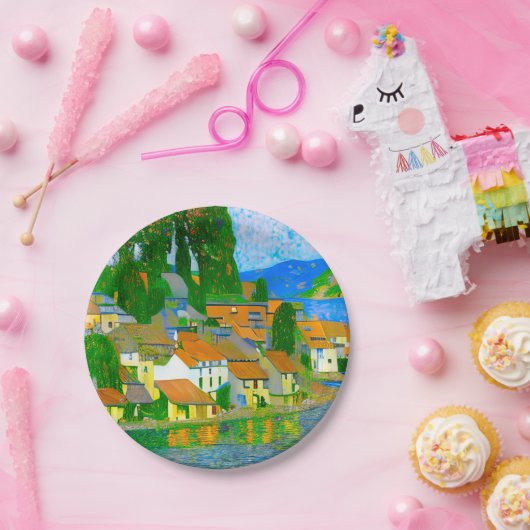 Assiettes En Carton Impressionist Mediterranean Village by the Sea (Fête)