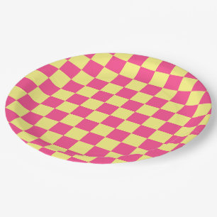 Assiettes En Carton Imprimé à carreaux rose et jaune