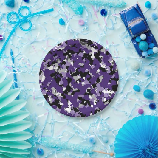 Assiettes En Carton Imprimé camouflage gris noir violet pour soirée (Fête)