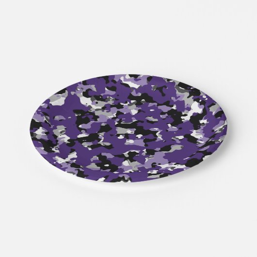 Assiettes En Carton Imprimé camouflage gris noir violet pour soirée (Angle)