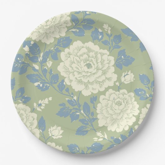 Assiettes En Carton Imprimé floral bloc bleu vert (Devant)