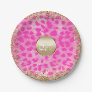 Assiettes En Carton Imprimé léopard rose paillettes dorées monogramme