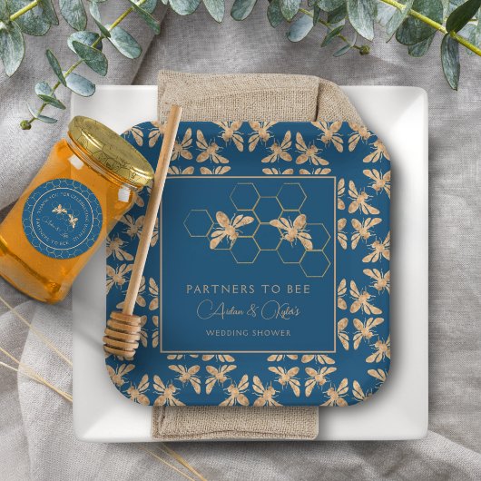 Assiettes En Carton Indigo & Honeycomb Golden Bee Wedding shower