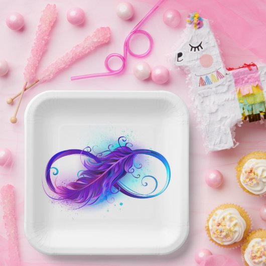 Assiettes En Carton Infinity with purple feather (Fête)