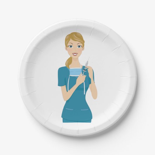 Assiettes En Carton Infirmière souriante avec seringue (Devant)