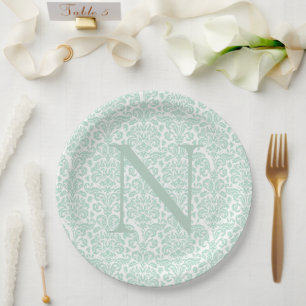 Assiettes En Carton Initiale de monogramme vert sauge damassé 