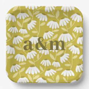 Assiettes En Carton Initiales de couple Fleur Olive/Vert Moutarde