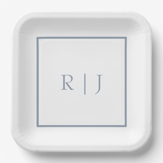 Assiettes En Carton Initiales de monogramme bleu poussiéreux Mariage s (Recto)