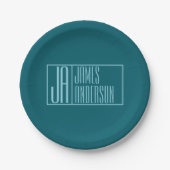 Assiettes En Carton Initiales et nom modernes | Turquoise foncé et ble (Devant)