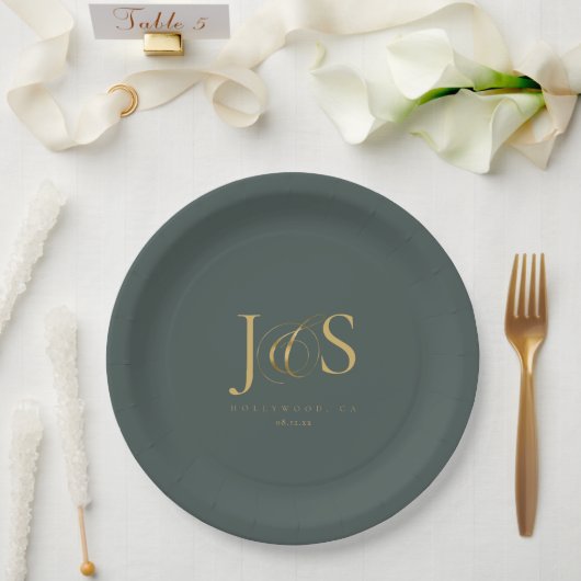 Assiettes En Carton Initiales Mariage Elegance Simple ID1022 vert (Mariage)
