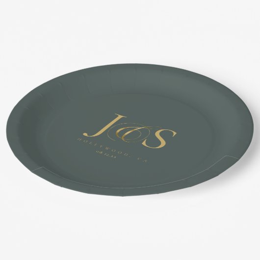 Assiettes En Carton Initiales Mariage Elegance Simple ID1022 vert (Angle)