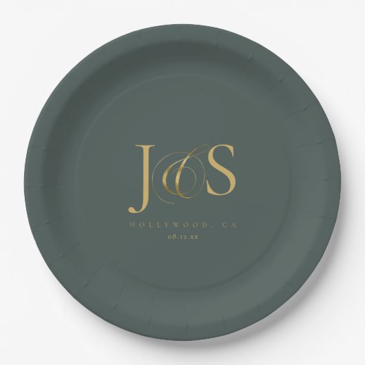 Assiettes En Carton Initiales Mariage Elegance Simple ID1022 vert (Devant)