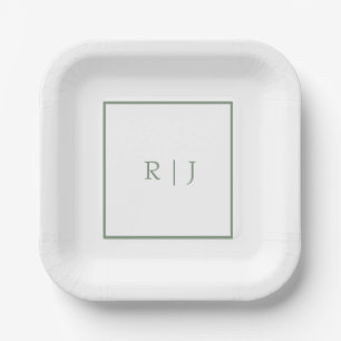 Assiettes En Carton Initiales Monogramme vert Sage Blanc Simple Mariag