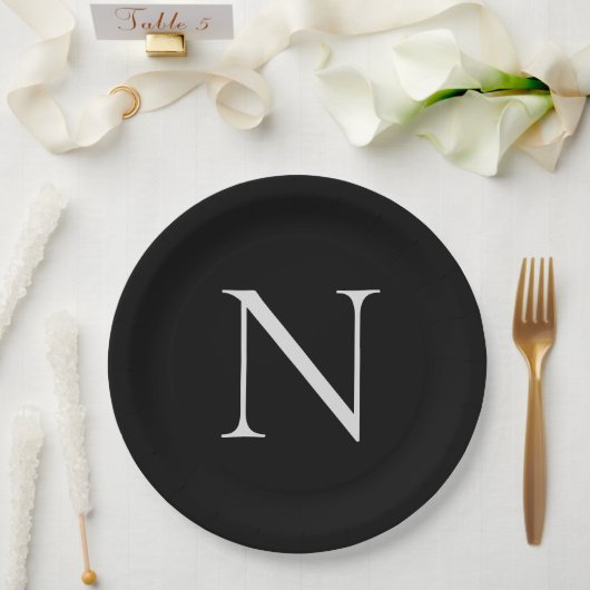 Assiettes En Carton Initiales Monogrammes Nom Customisé Noir Blanc (Mariage)
