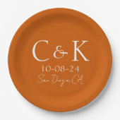 Assiettes En Carton Initiales Monogrammes sur Mariage orange brûlé (Devant)