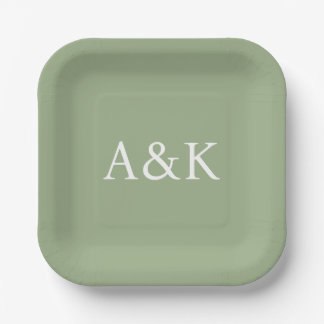 Assiettes En Carton Initiales Personnalisées sur Mariage Vert Sauge