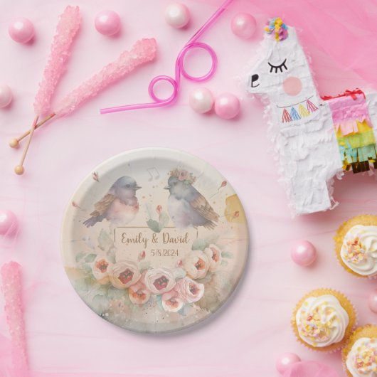 Assiettes En Carton Inséparables aquarelle avec roses pour mariage (Fête)