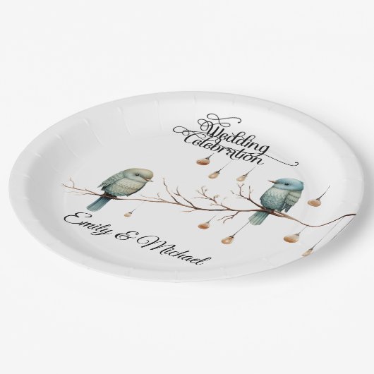 Assiettes En Carton Inséparables rustiques de bois Mariage romantique (Angle)