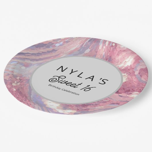 Assiettes En Carton Iridesecent Pink and Purple Sequin (Angle)
