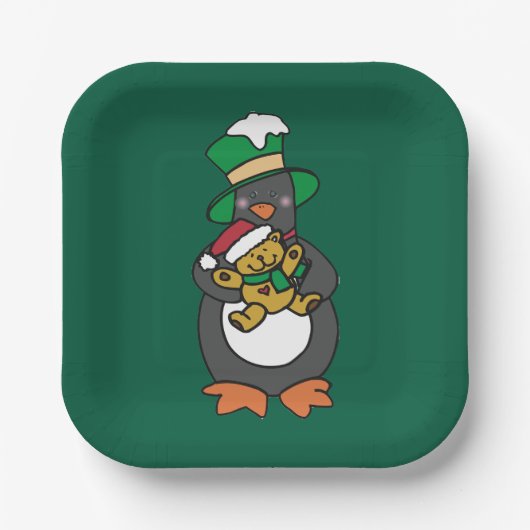 Assiettes En Carton Irish Penguin Holding Christmas Teddy Bear (Recto)