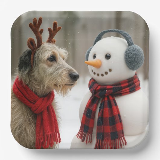 Assiettes En Carton Irish Wolfhound Gazing at a Cute Snowman (Recto)