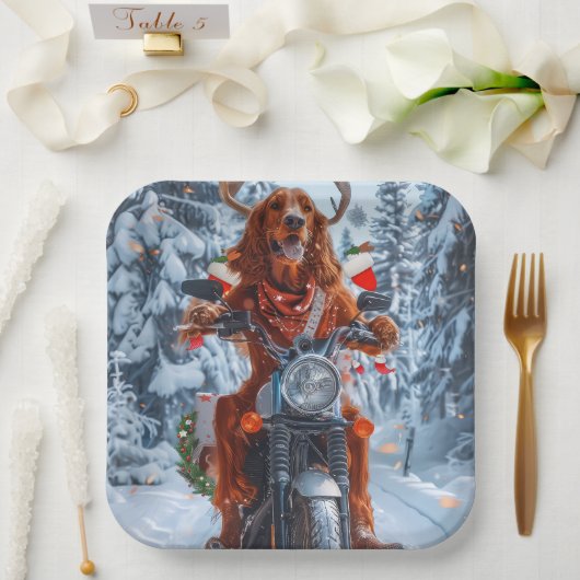 Assiettes En Carton Irlandais Red Setter Chien chevauchant la moto Noë (Mariage)