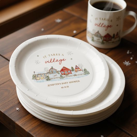 Assiettes En Carton It Takes a Village Snowy Winter Baby Shower