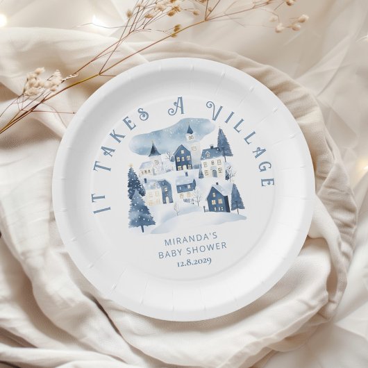 Assiettes En Carton It takes a Village Winter Night Snow Baby Shower