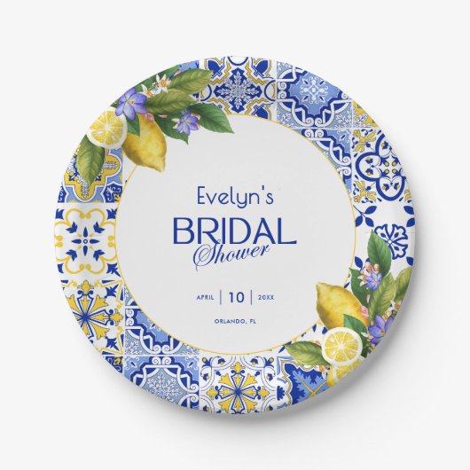 Assiettes En Carton Italian Mosaic Blue Tile Lemons Bridal Shower (Devant)