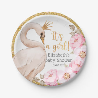 Assiettes En Carton It's a Girl! Watercolor Swan Baby Shower 