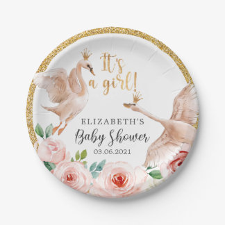 Assiettes En Carton It's a Girl! Watercolor Swans Baby Shower