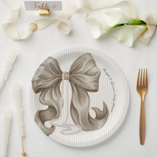 Assiettes En Carton Ivory Striped Bow Baby Shower  (Mariage)