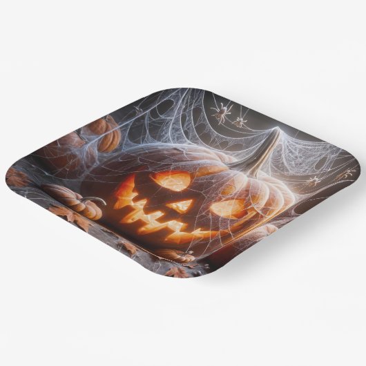 Assiettes En Carton Jack-o-lanterne couvert dans les araignées (Angulaire)