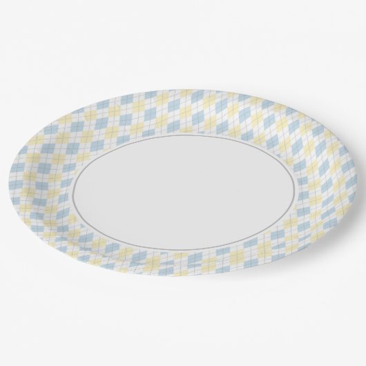 Assiettes En Carton Jacquard bleu et jaune (Angle)