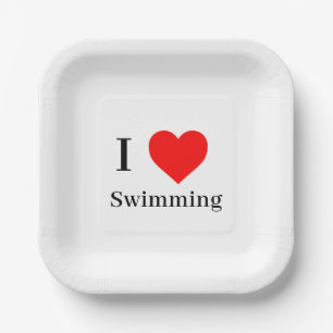 Assiettes En Carton J'aime Natation Typographie & Coeur Rouge Blanc