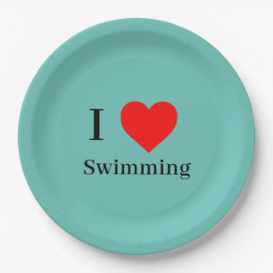 Assiettes En Carton J'aime Natation Typographie & Red Heart Mint Green