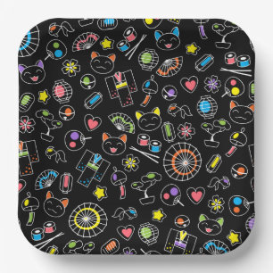 Assiettes En Carton Japonais Kawaii Doodles de culture sur le noir