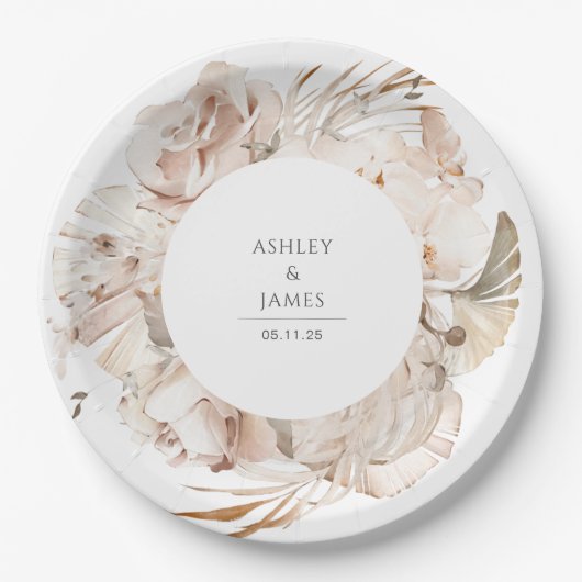 Assiettes En Carton Jardin botanique fleuri beige mariage (Devant)