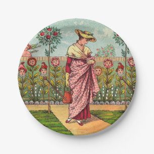 Assiettes En Carton Jardin Cultivation Flower Woman Art Antique