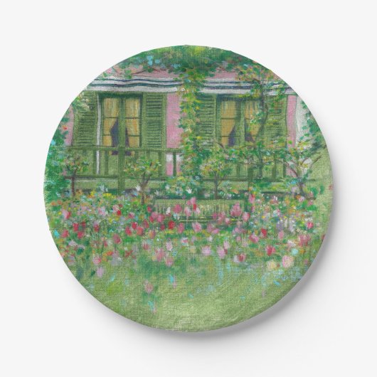 Assiettes En Carton Jardin de Monet peint rose et vert (Devant)