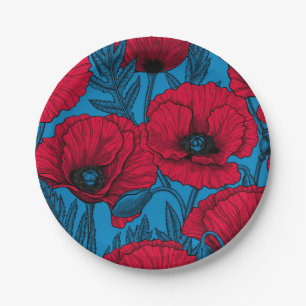 Assiettes En Carton Jardin de pavot rouge sur bleu