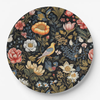 Assiettes En Carton Jardin enchanté Oiseau jaune et fleurs Vintage