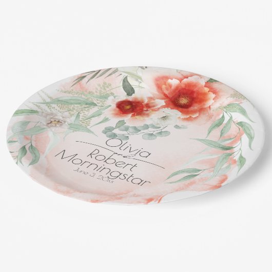 Assiettes En Carton Jardin Fleurs de corail aquarelle (Angle)
