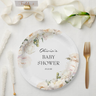 Assiettes En Carton Jardin Floral de Pivoine d'Ivoire pour Bébé Neutre